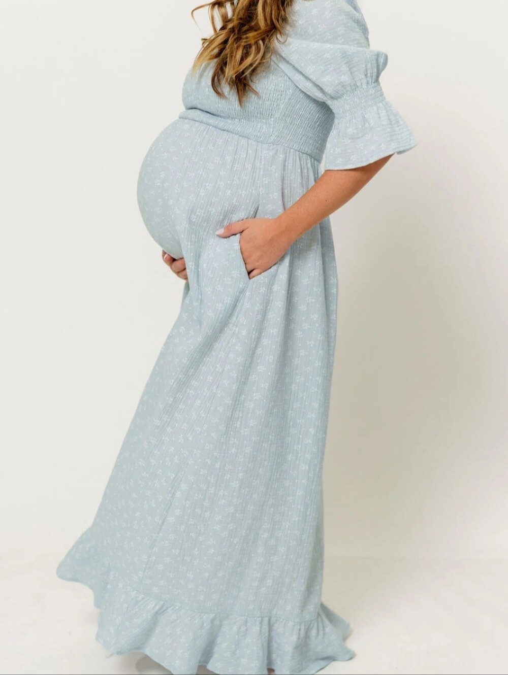 Smocked Off-Shoulder Dusty Blue Floral Maxi Dress - Picture 4 of 4
